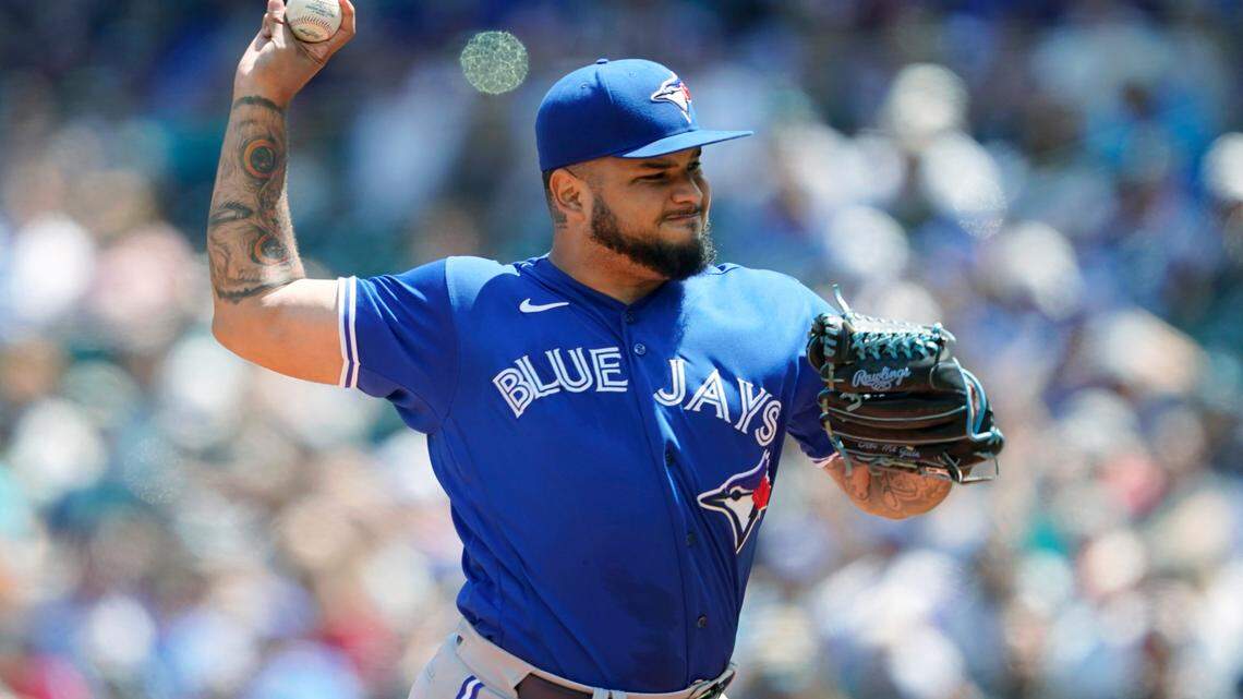 Toronto Blue Jays starting pitcher Max Castillo throws against the Seattle Mariners during the first inning of a baseball game, Sunday, July 10, 2022, in Seattle. (AP Photo/Ted S. Warren)