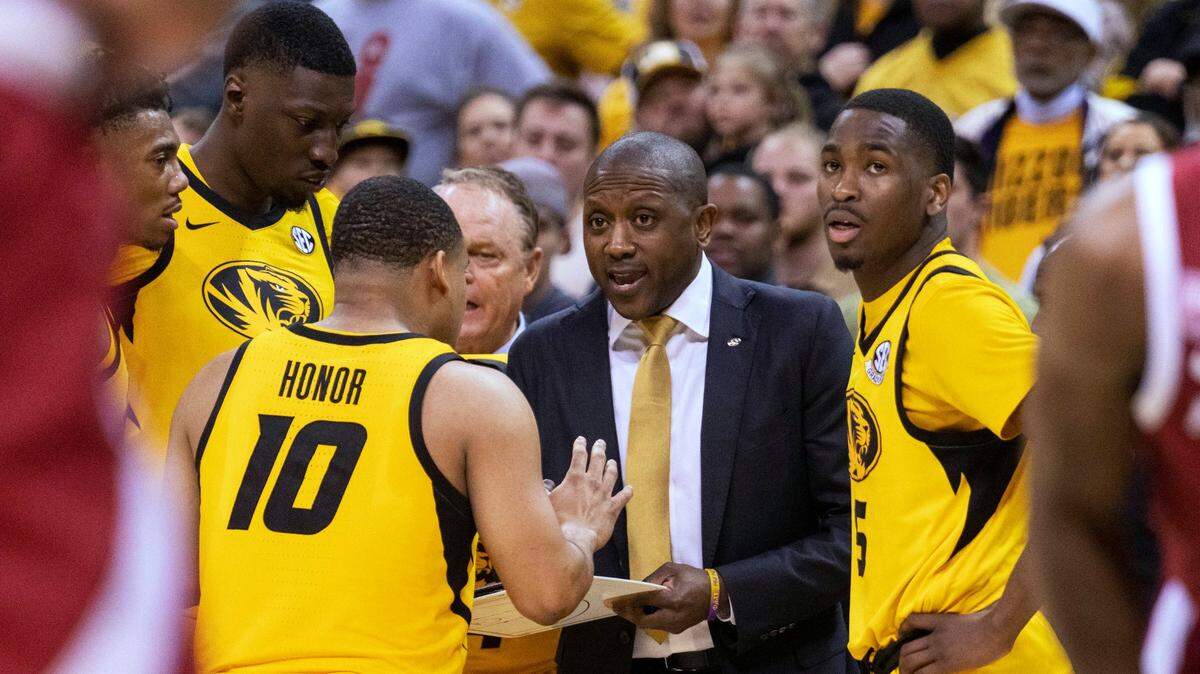 Missouri coach Dennis Gates talks with his team during a break in the second half of a comeback win over Arkansas on Wednesday, Jan. 18, 2023, in Columbia, Mo.