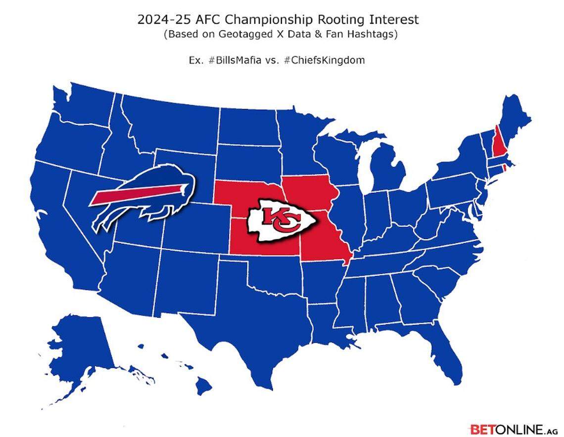 This map of geotagged X data shows which team fans are rooting for in this Sunday’s AFC Championship Game.