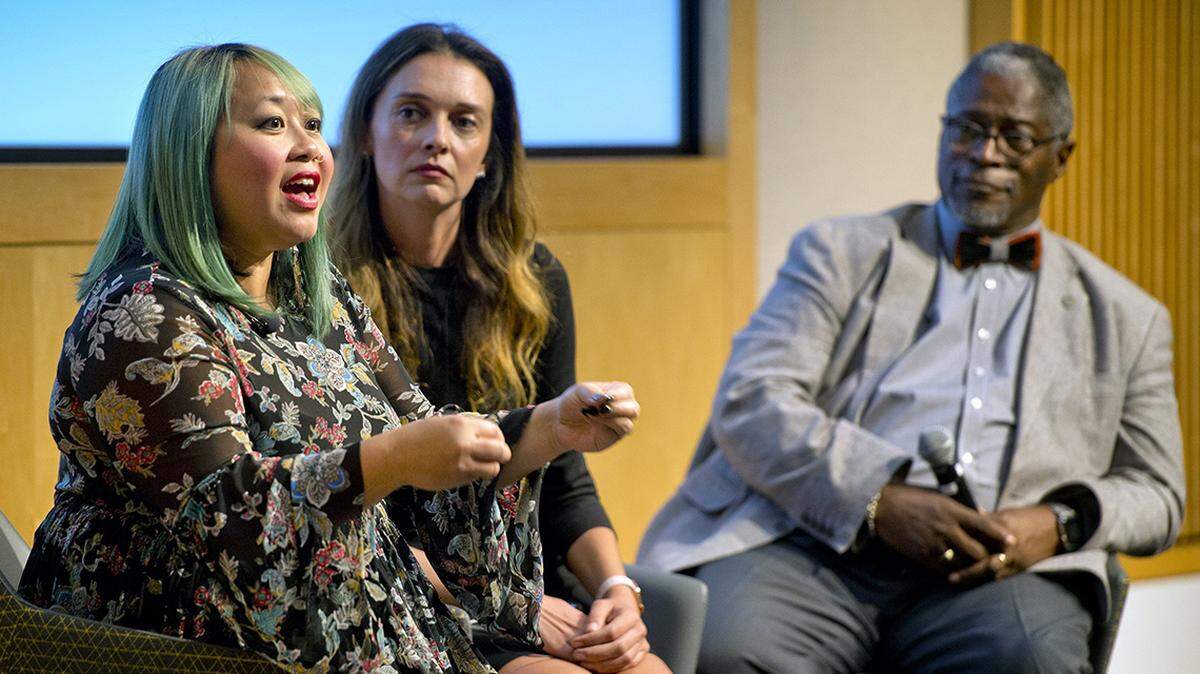 Pakou Her (from left), with the Community Alliance for Racial Equity, Sarah Martin, deputy director of the KCMO Health Department and Mayor Sly James, kicked off a series of community conversations about racial equity in the city on Wednesday.