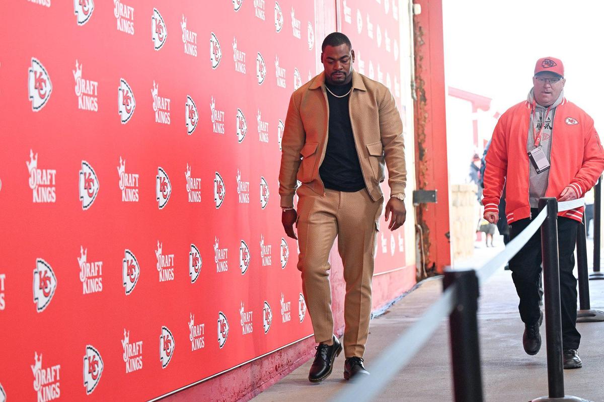 Kansas City Chiefs defensive tackle Chris Jones arrives before the Chiefs’ game with the Houston Texans on Saturday Dec. 21, 2024, at GEHA Field at Arrowhead Stadium.