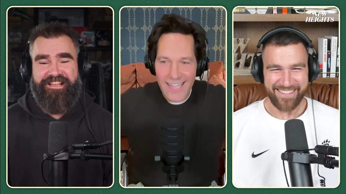 Paul Rudd, middle, talked about the Kansas City Chiefs season and his new movie, “Anaconda,” on this week’s episode of the “New Heights” podcast with brothers Jason Kelce, left, and Travis Kelce.