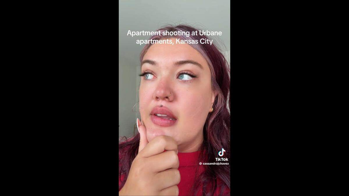 Cassandra Chavez posted a video to her TikTok account Tuesday detailing the moment a bullet entered her living room during a Monday night shooting at her Kansas City apartment complex.