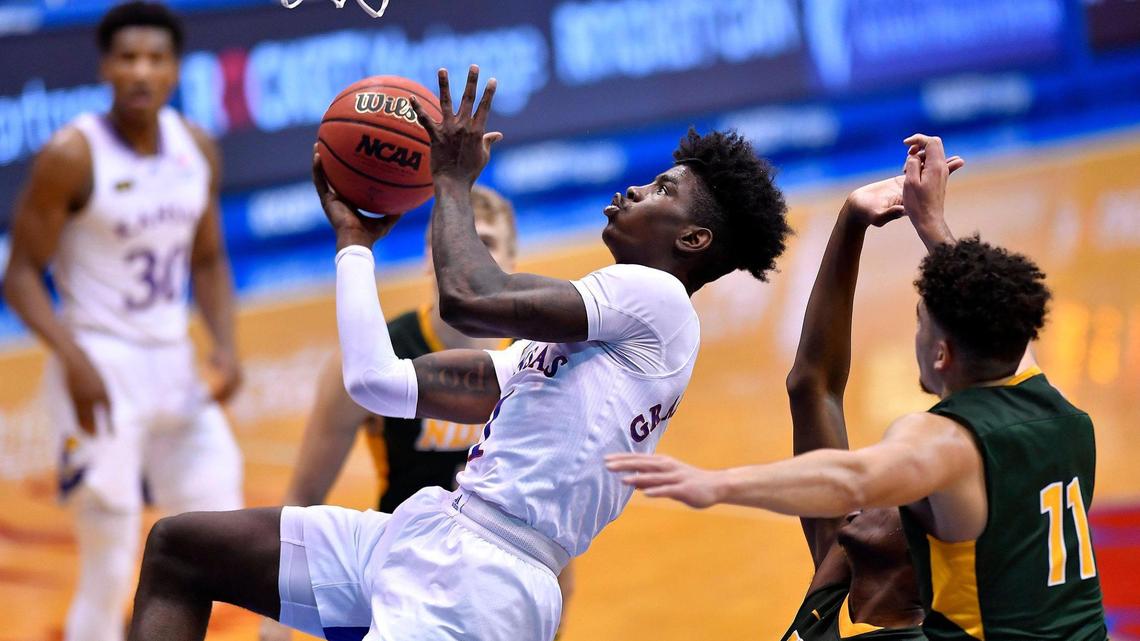 KU’s Tyon Grant-Foster drives to the basket in the Jayhawks’ 65-61 win over North Dakota State on Saturday at Allen Fieldhouse (Dec. 5, 2020).
