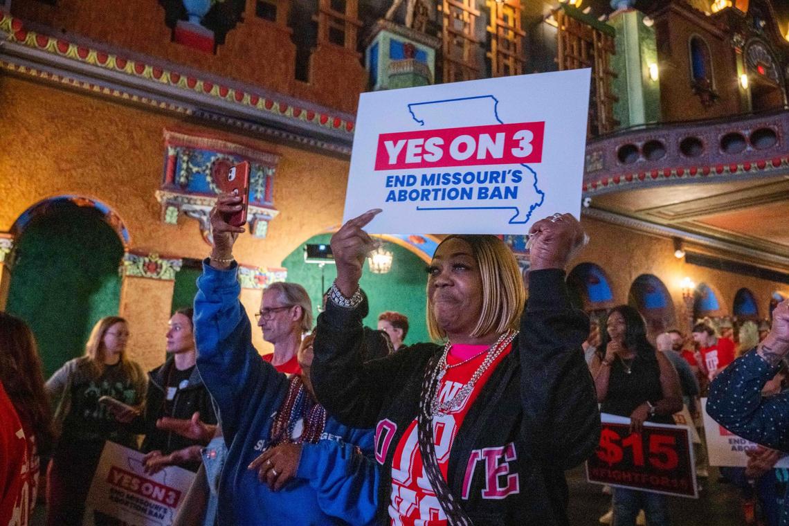 Supporters and organizers of Amendment 3 and Proposition A celebrate the results of the election at a watch party at Uptown Theater in Kansas City on Election Day, Tuesday, Nov. 5, 2024.