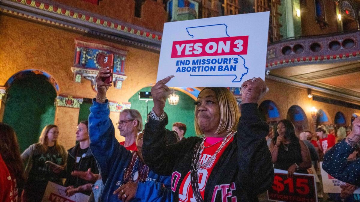 Supporters and organizers of Amendment 3 and Proposition A celebrate the results of the election at a watch party at Uptown Theater in Kansas City on Election Day, Tuesday, Nov. 5, 2024.