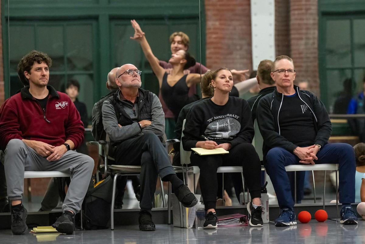 Christopher Ruud, from left, Second Company manager and rehearsal director, Parrish Maynard, rehearsal director, Lauren Fadeley Veyette, Daytime Principal & Competition Coordinator, and Artistic Director Devon Carney observe rehearsal with ballet students for the Kansas City Ballet’s “The Nutcracker” at the Todd Bolender Center for Dance & Creativity.