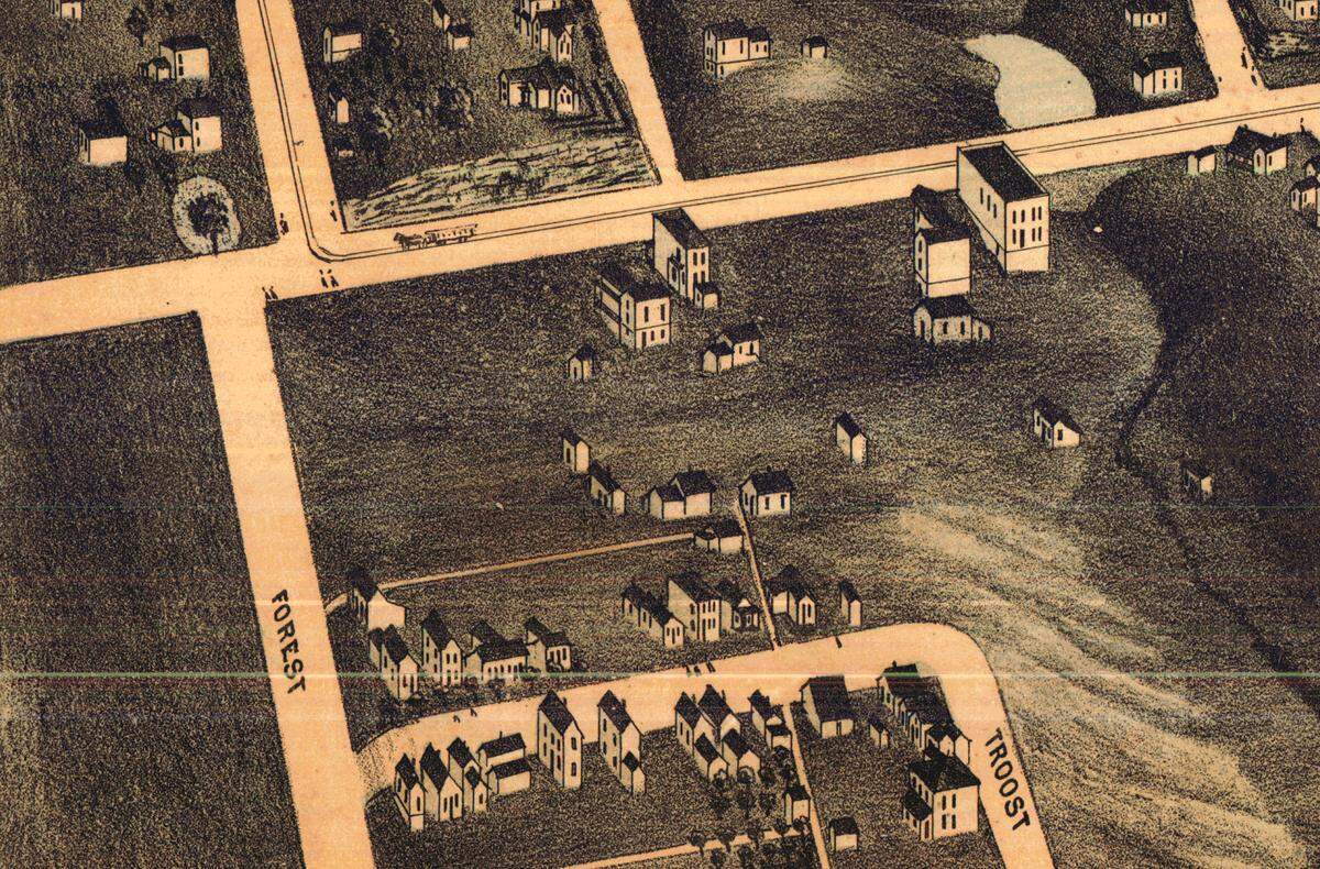 In 1871, Belvidere Street cut all the way between Troost Avenue and what is now Woodland Avenue. By 1887, Belvidere Street was cut off between Forest Avenue and Tracy Avenue and stopped at Lydia Avenue.