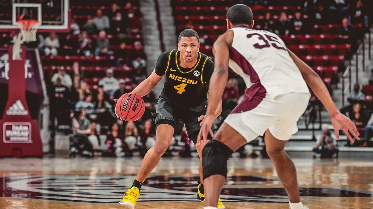 Senior guard Javon Pickett dribbles the ball for Missouri men’s basketball in a loss at Mississippi State on Friday, Feb. 18, 2022.