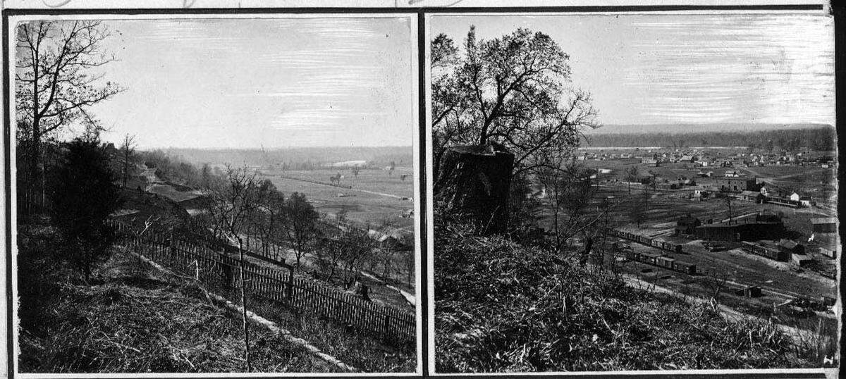 These views from the bluffs show how the West Bottoms developed rapidly from fields in 1869 (left) to a rail and business center by 1871 after the completion of the Hannibal Bridge in 1869.