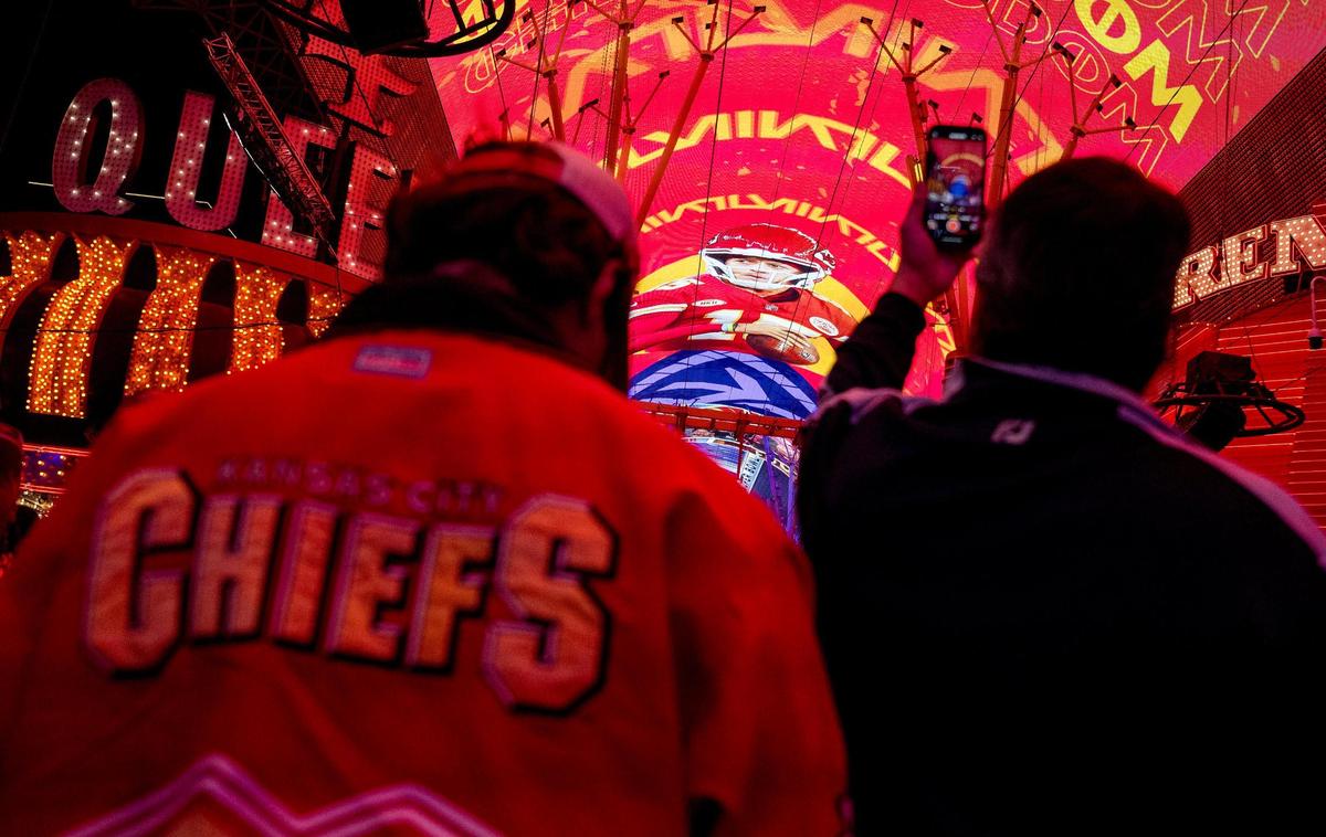 Kansas City Chiefs quarterback Patrick Mahomes is projected on the Viva Vision display screens over Fremont Street during a fan gathering on Saturday, Feb. 10, 2024, in Las Vegas.