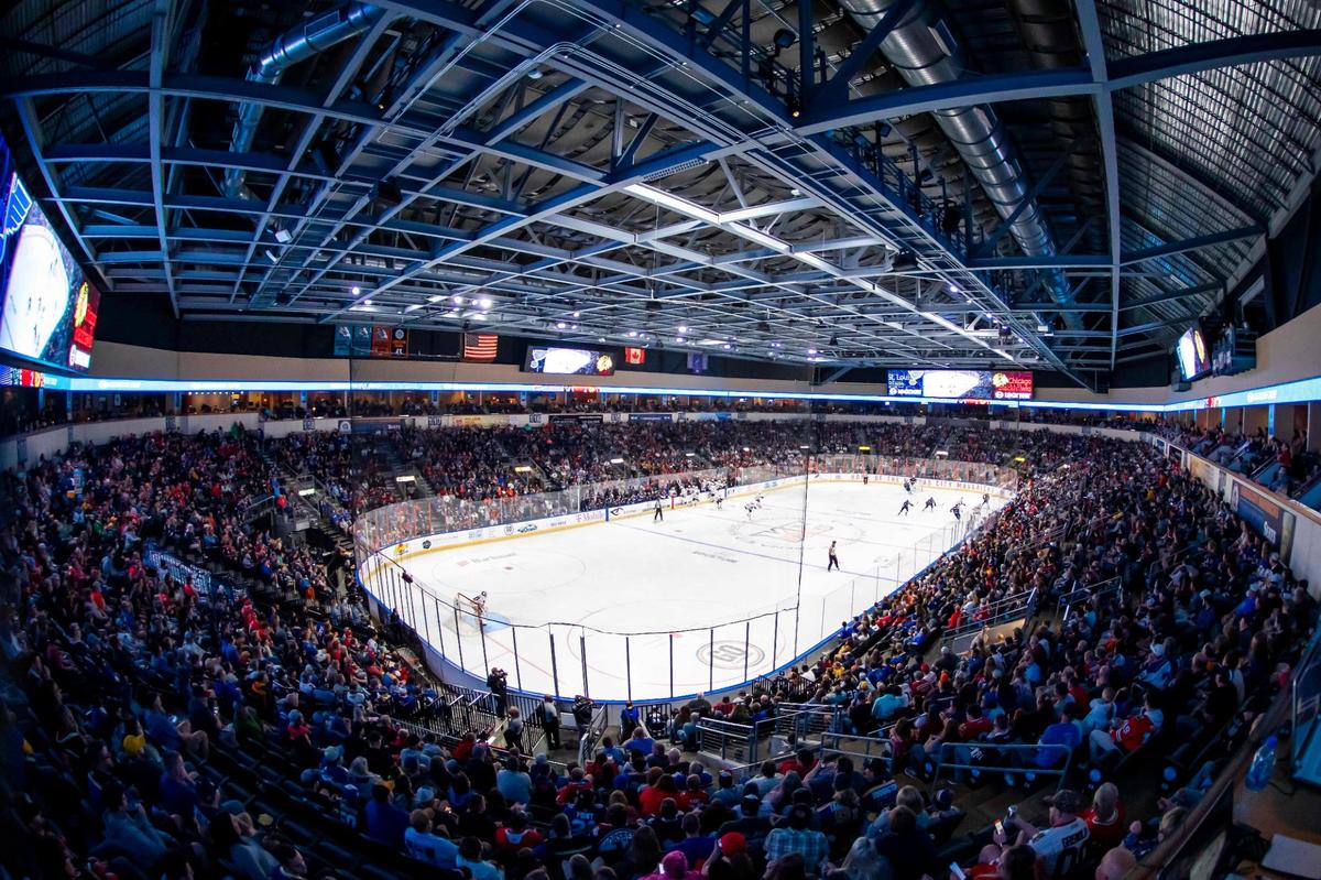 Interior shot of Cable Dahmer Arena during the NHL exhibition game between the St. Louis Blues and the Chicago Blackhawks on Saturday October 2, 2021 in Independence, Missouri.