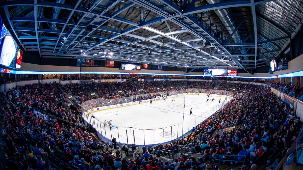 Interior shot of Cable-Dahmer Arena during the NHL exhibition game between the St. Louis Blues and the Chicago Blackhawks on Saturday October 2, 2021 in Independence, Missouri.