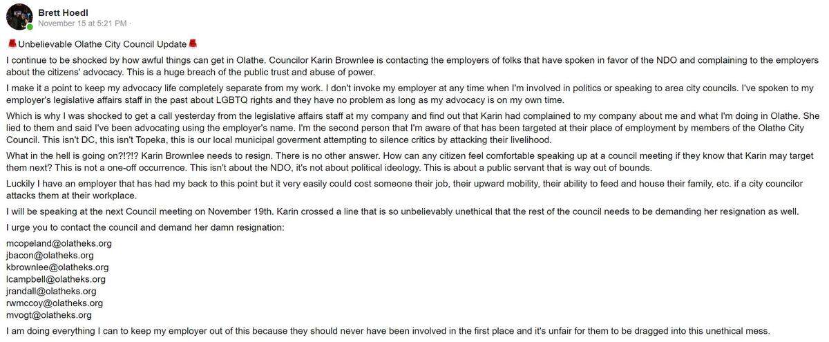 In this screenshot, Brett Hoedl, chairman of Equality Kansas Metro Kansas City chapter, claims that Olathe City Councilwoman Karin Brownlee contacted his employer to complain about him advocating for LGBT protections.