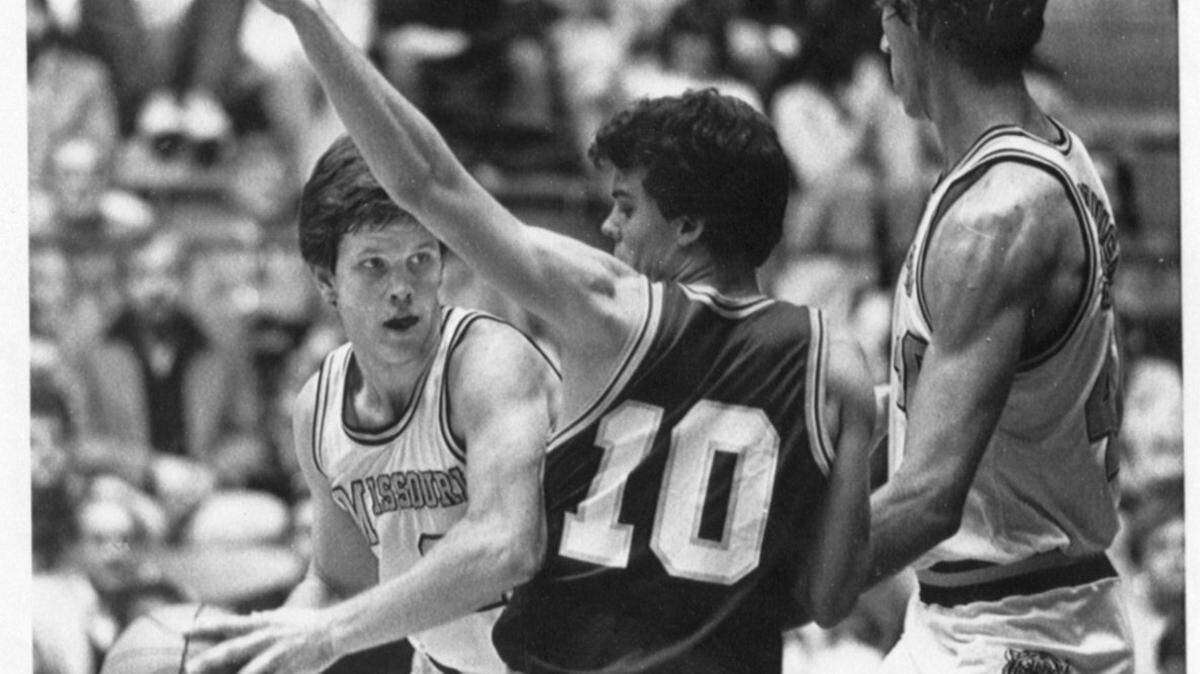 Jon Sundvold (left) and Steve Stipanovich came to the University of Missouri in 1979 and won four regular-season Big Eight titles there. They both went on to the NBA.