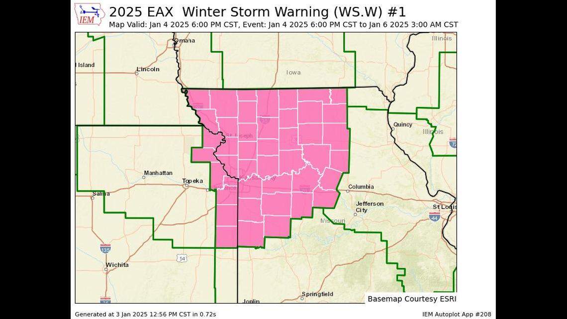 The National Weather Service has issued a winter storm warning for the Kansas City as an approaching major winter storm threatens to make travel very difficult. The watch, which replaces a winter storm watch, is in effect from 6 p.m. Saturday to 3 a.m. Monday for the Kansas City metro and portions of east-central and northeast Kansas and central, northeast, northwest and west-central Missouri,