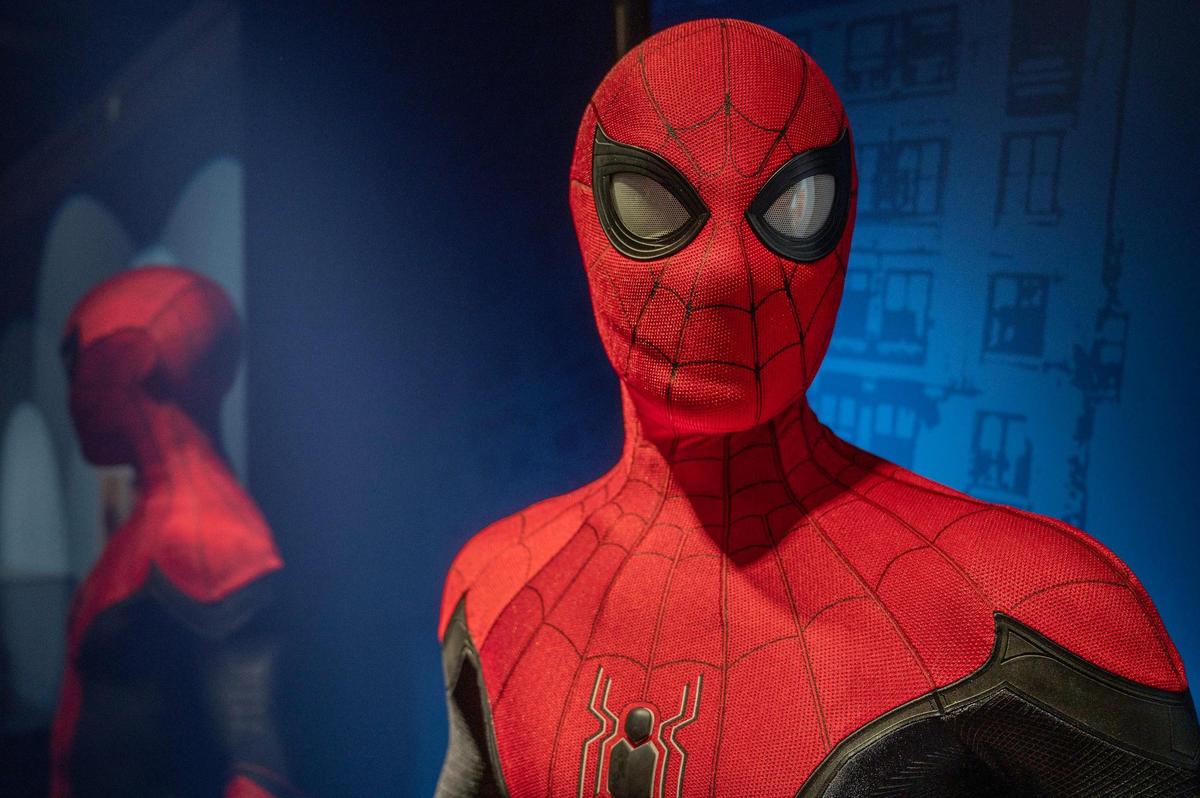 A Spider-Man costume warn by the actor, Tom Holland, is seen on display during the “Spider-Man: Beyond Amazing” exhibit set up Monday at Union Station.