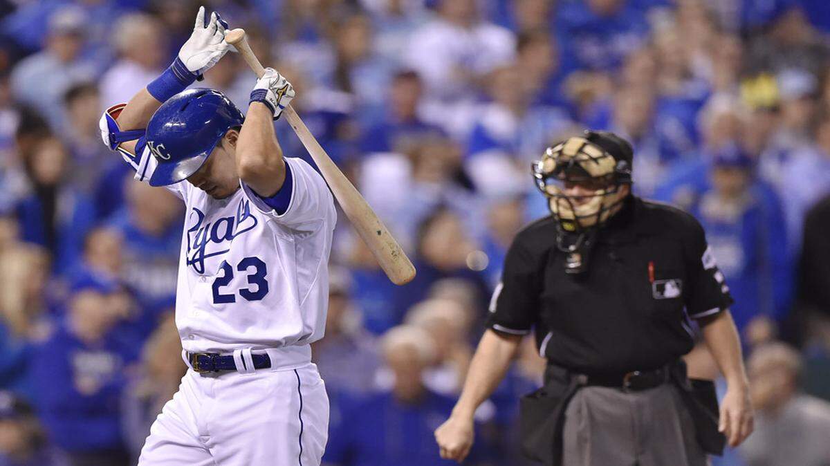 Kansas City Royals right fielder Norichika Aoki was called out on strikes by umpire Jerry Meals during the third inning of game one of the Word Series against San Francisco Giants on Tuesday October 11, 2014 at Kauffman Stadium in Kansas City, MO.