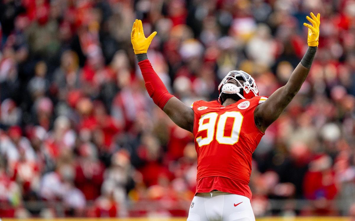 Chiefs defensive end Charles Omenihu celebrates a sack against the Las Vegas Raiders in December.