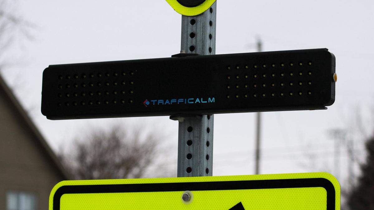A flashing traffic calming device is seen at E Harold Street and N Jan Mar Street in Olathe on Jan. 30, 2026. The city of Olathe approved city funds for traffic safety improvements in neighborhoods and near schools in 2026.