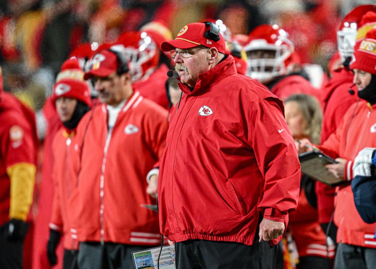 Kansas City Chiefs head coach Andy Reid watches his team play the Houston Texans during an AFC Divisional Round playoff game on Saturday, Jan. 18, 2025, at GEHA Field at Arrowhead Stadium.