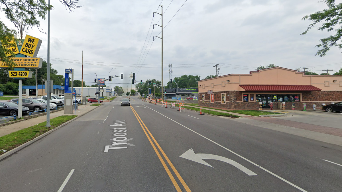 The area of East 51st Street and Troost Avenue in Kansas City, Missouri, can be seen in this Google Street View image.
