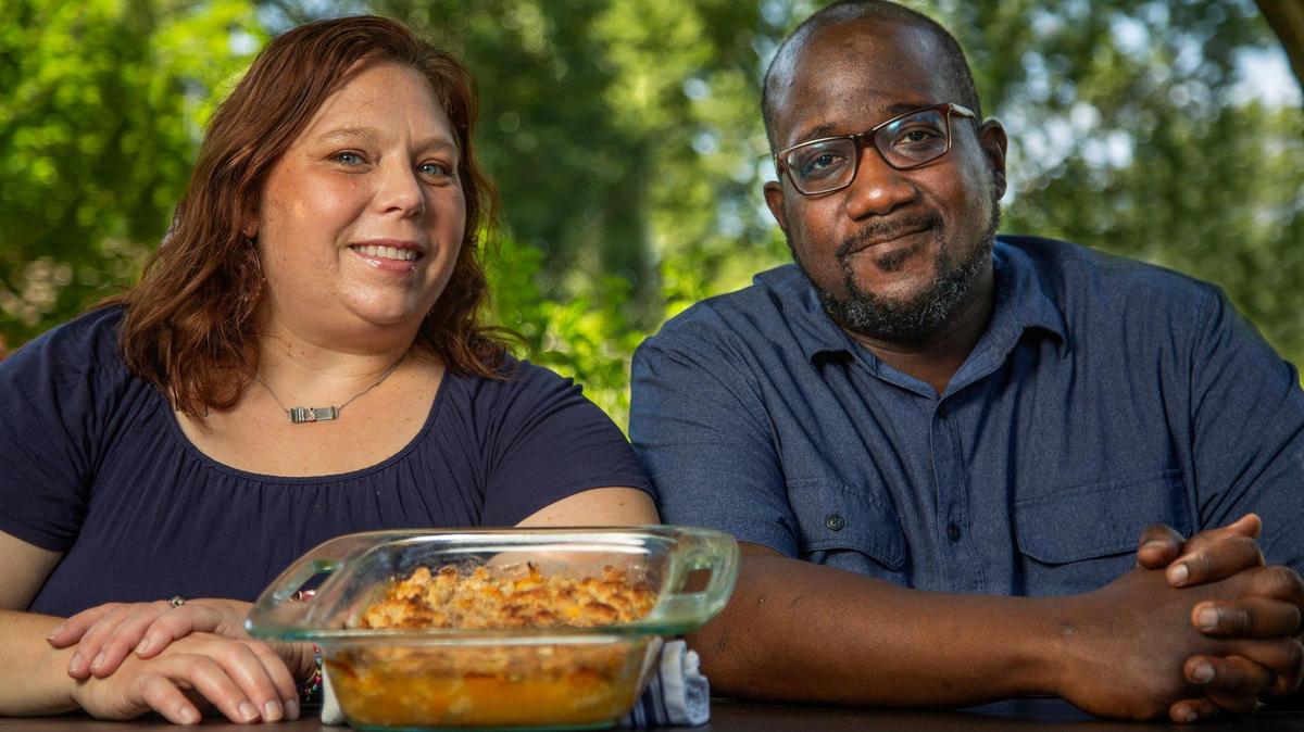 Bonnie and John Stafford present their Peach Cobbler with Cinnamon Biscuit Topping. The Mission couple and their 3-year-old daughter enjoy dining at home, around their table.