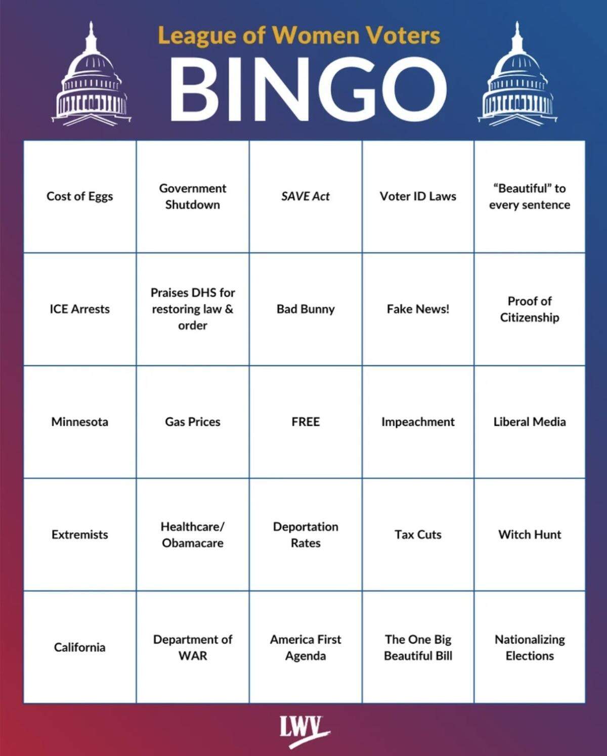 One of six State of the Union bingo cards offered by the League of Women Voters for the 2026 State of the Union.