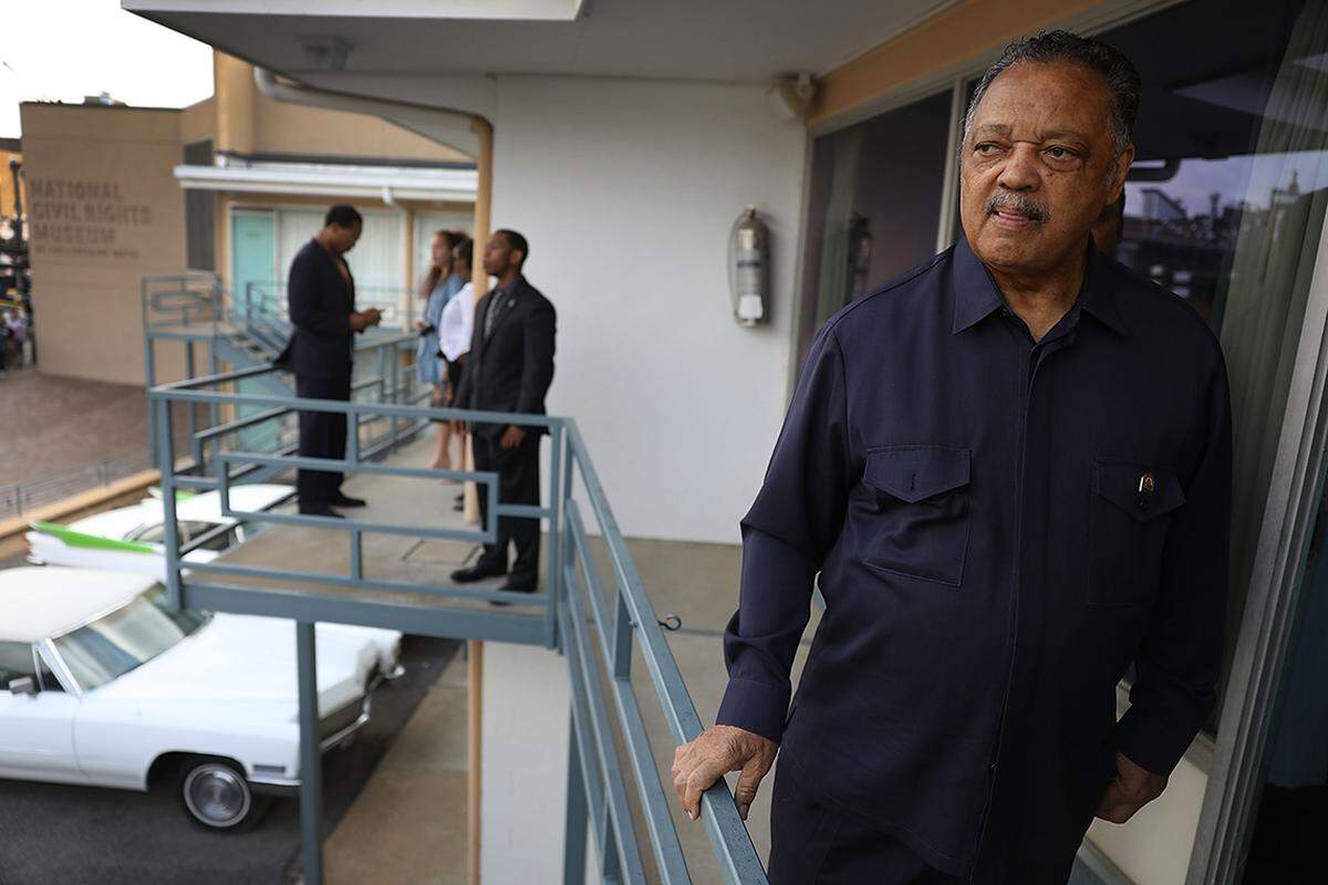 The Rev. Jesse Jackson visited the balcony outside room 306 at the Lorraine Motel, where he was when Dr. Martin Luther King Jr. was assassinated.