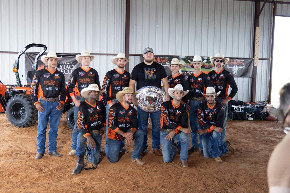 Chiefs center Creed Humphrey is surrounded by his bull-riding buddies during a promotional photo shoot for his partnership with the KC Outlaws.