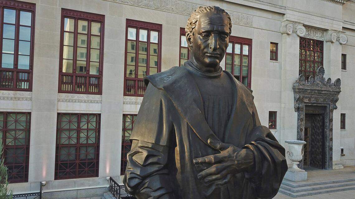 In this Sept. 12, 2019, photo, a statue of Christopher Columbus sits in front of City Hall in Columbus, Ohio. A study of nine skeletons suggests Christopher Columbus didn’t carry syphilis from the Americas to Europe, starting an epidemic. The disease evolved earlier.