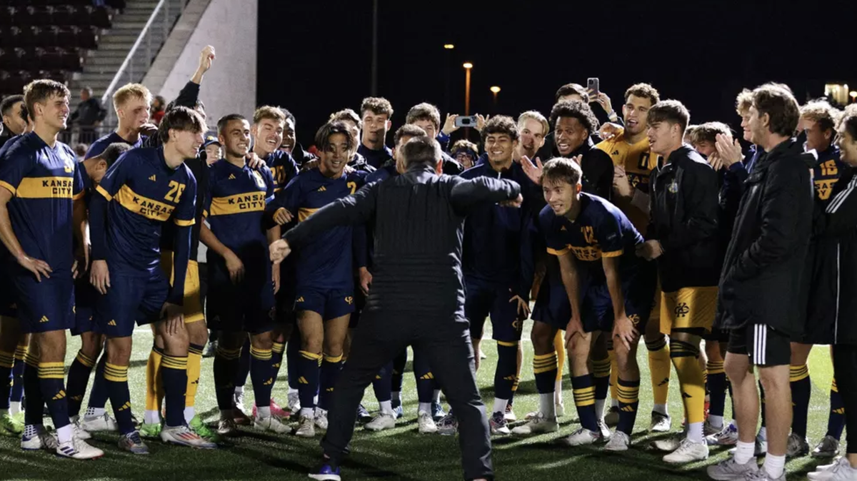 KC Roos head coach Ryan Pore hypes up the team after a 2-1 win over No. 15 Missouri State in the Round of 32 in the 2024 NCAA Tournament.