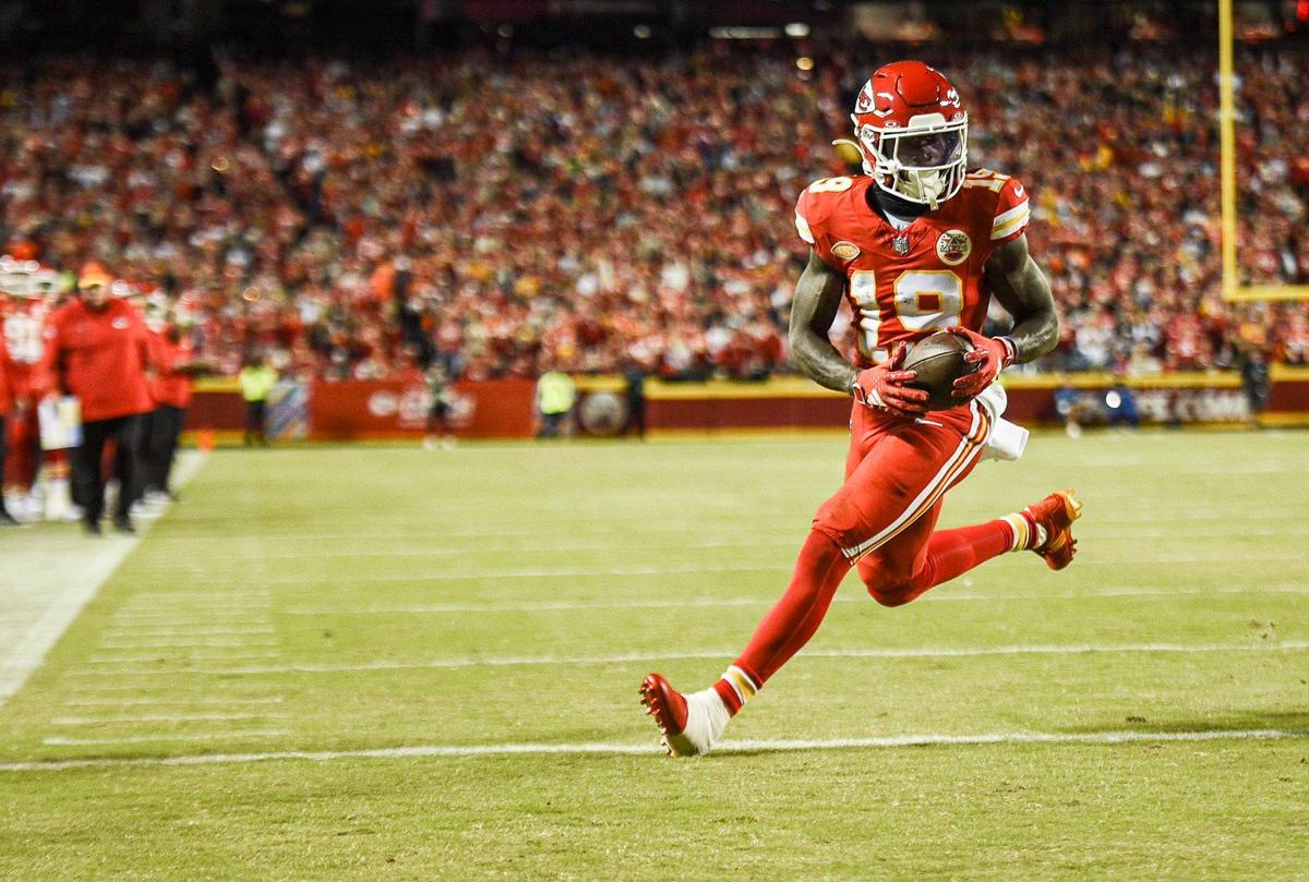 Kansas City Chiefs wide receiver Kadarius Toney (19) runs in for a touchdown on a reception in the second half against the Denver Broncos Thursday, October. 12, 2023, at GEHA Field at Arrowhead Stadium.