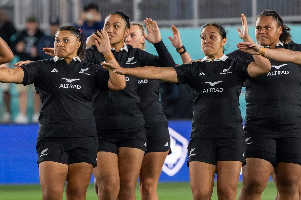 The New Zealand rugby team performs the haka before the beginning of the Pacific Four Series rugby match of Canada vs. New Zealand on Friday, April 17, 2026, at CPKC Stadium. New Zealand won 36-14.