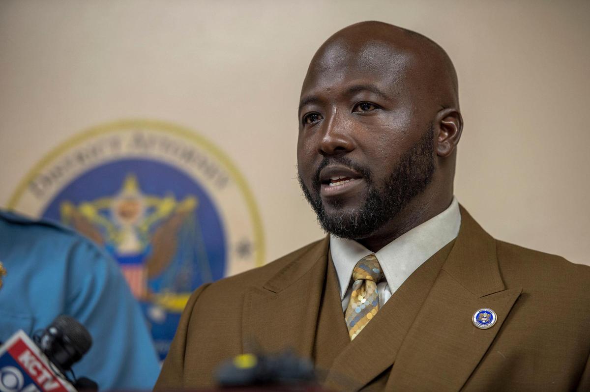 Wyandotte County District Attorney Mark Dupree speaks at a news conference on Thursday, Sep. 8, 2022. Dupree said that Kansas City, Kansas police officer Deotis Brown has been charged with five felonies related to two domestic violence incidents.
