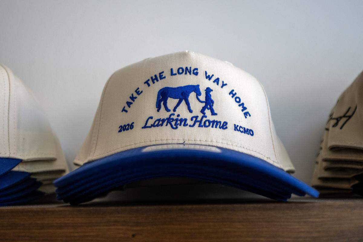 An embroidered hat is displayed on a shelf at Larkin Home on Thursday, April 30, 2026, in Parkville.