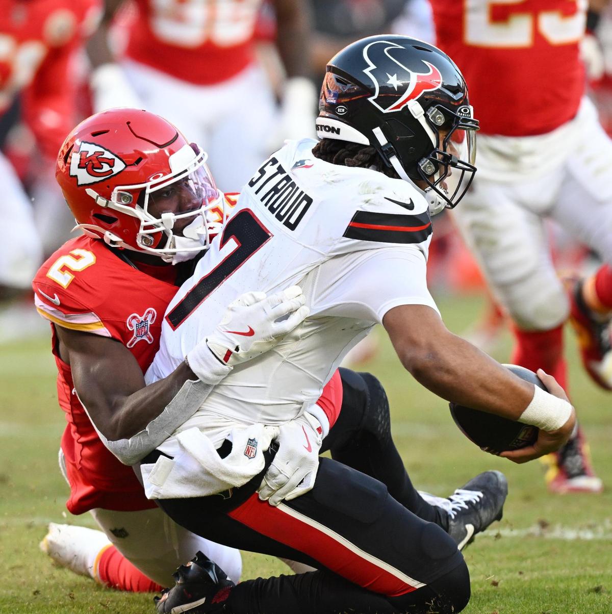 Kansas City Chiefs cornerback Joshua Williams (2) sacks Houston Texans quarterback C.J. Stroud (7) in the fourth quarter on Saturday Dec. 21, 2024, at GEHA Field at Arrowhead Stadium.
