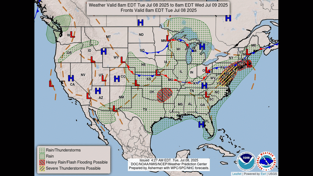 Showers are expected to continue through the remainder of Tuesday morning in the Kansas City area. New storms might develop south and east of the metro in the afternoon. If the storms develop, wind gusts around 60 mph are possible.