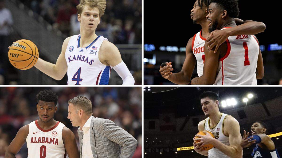 The favorites for this year’s NCAA Tournament include the top four (No. 1) seeds: clockwise from top left, Kansas, Houston, Purdue and Alabama.