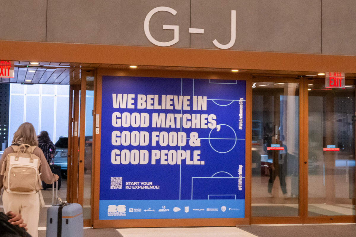 World Cup 2026 signage in the terminal at Kansas City International Airport.