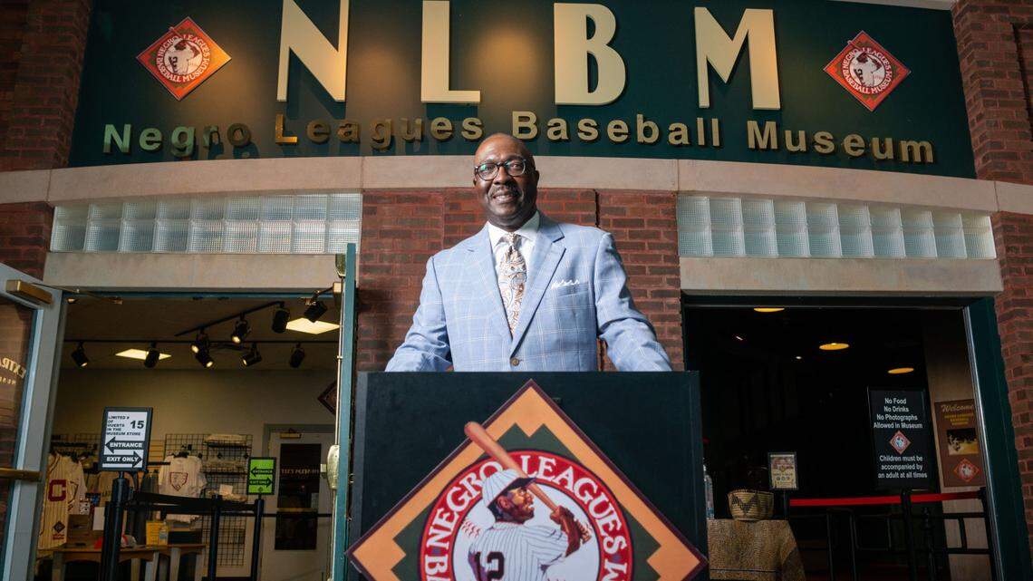 Bob Kendrick, president of the Negro Leagues Baseball Museum in Kansas City, stands at the customer podium Tuesday morning where patrons enter the museum.