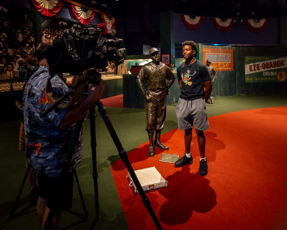 Ban Johnson Collegiate League All-Star Game MVP Darius Freeman speaks to a media member after a tour of the Negro Leagues Baseball Museum on Wednesday, July 19, 2023.