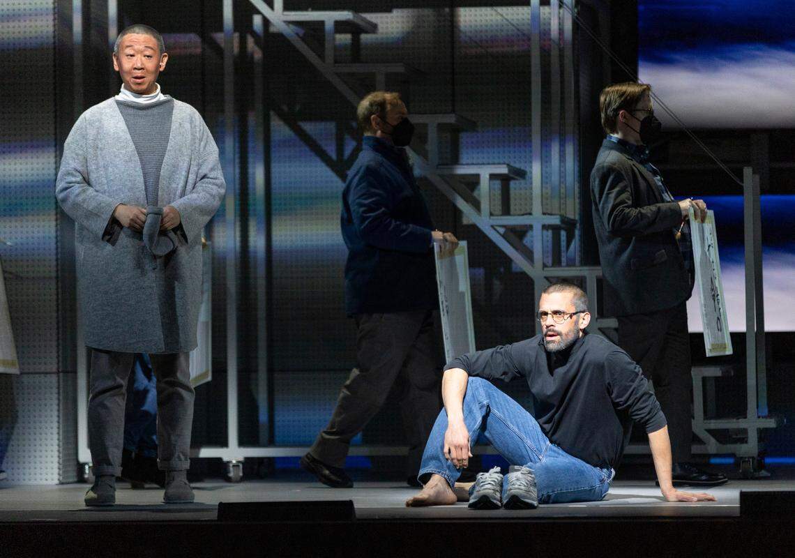 Steve Jobs and his mentor, Zen priest Kobun Chino Otogowa in the opera “The (R)evolution of Steve Jobs.”
