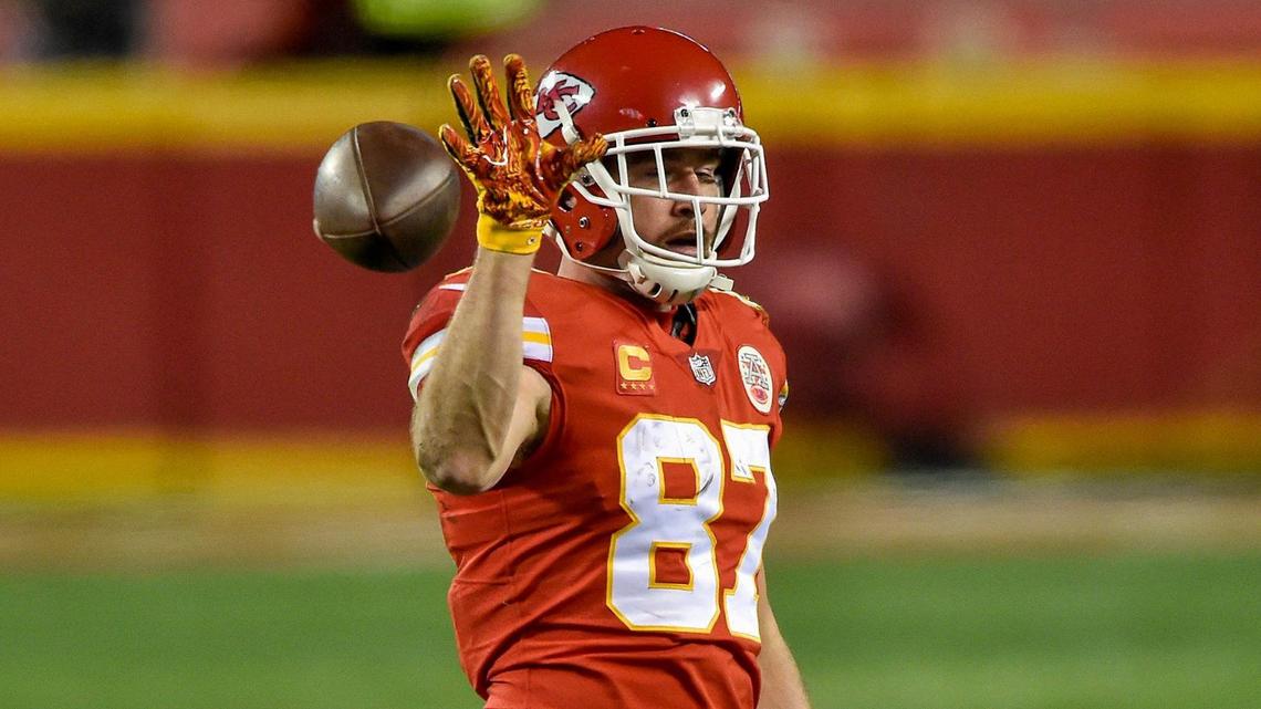 Kansas City Chiefs tight end Travis Kelce “drops the ball” after making a catch for a first down in the first quarter of the AFC Championship Game between the Chiefs and the Buffalo Bills Sunday Jan. 24, 2021. The Chiefs defeated the Bills 38-24 and will return to the Super Bowl.