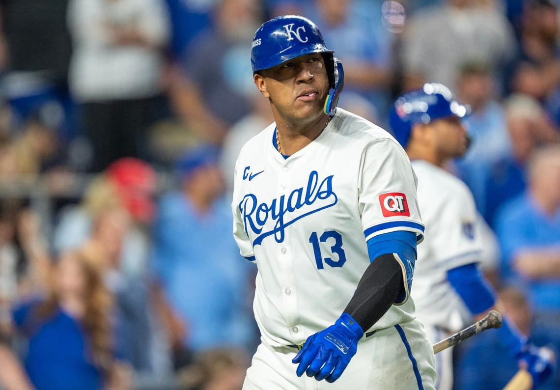Kansas City Royals catcher Salvador Perez (13) walks away after making an out in the ninth inning during Game 4 of the American League Division Series on Thursday, Oct. 10, 2024, at Kauffman Stadium. The Yankees defeated the Royals, 3-1.