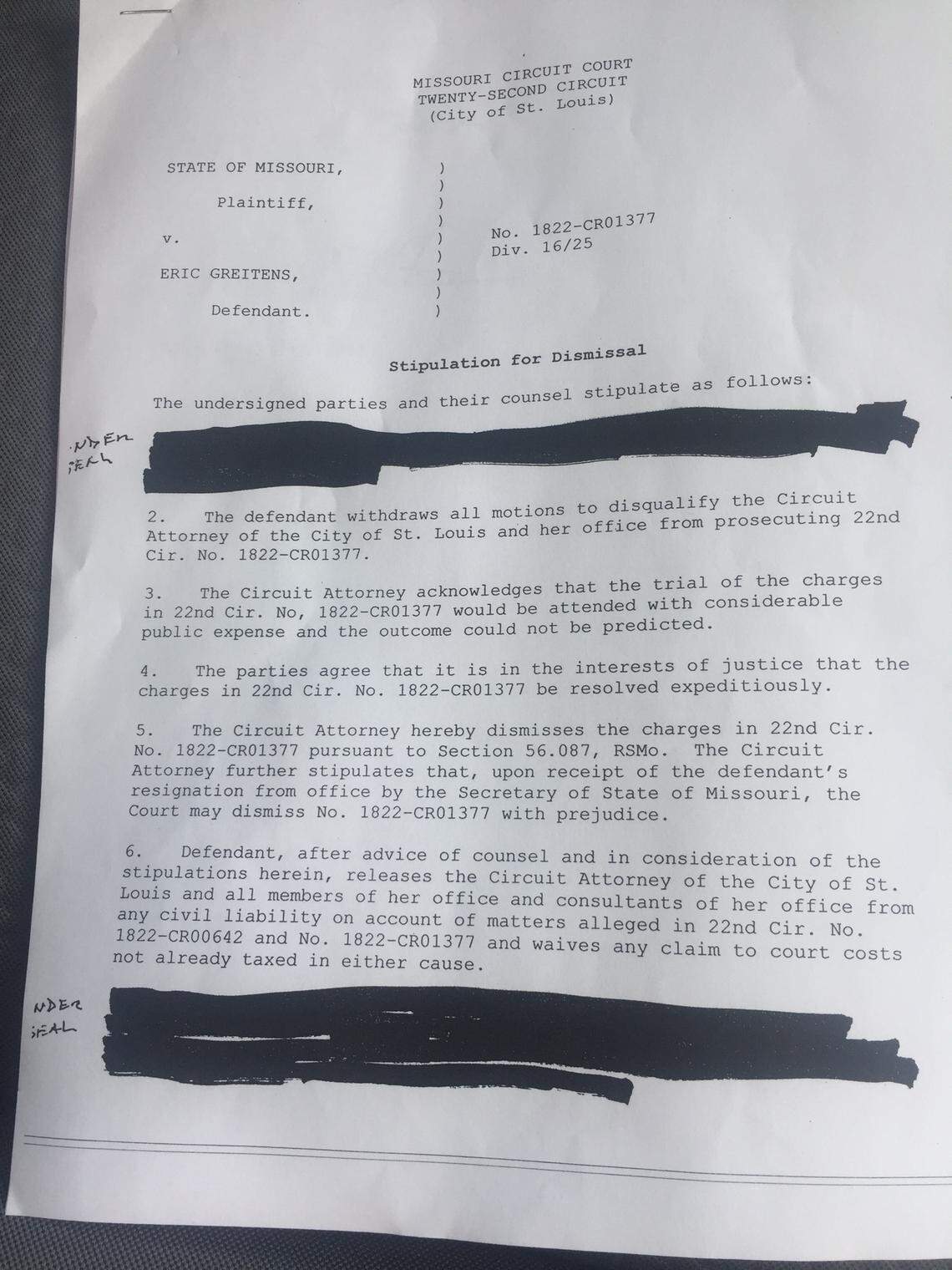The agreement between St. Louis Circuit Attorney Kimberly Gardner and former Missouri Gov. Eric Greitens was released to the public but included provisions that were entirely blacked out.