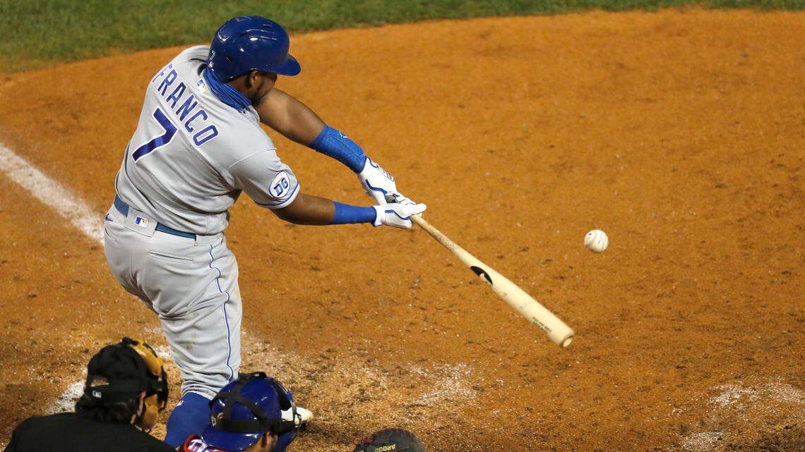 Kansas City Royals’ Maikel Franco hits an RBI single scoring Adalberto Mondesi, during the ninth inning of a baseball game against the Chicago Cubs Tuesday, Aug. 4, 2020, in Chicago. The Cubs won 5-4. (AP Photo/Charles Rex Arbogast)