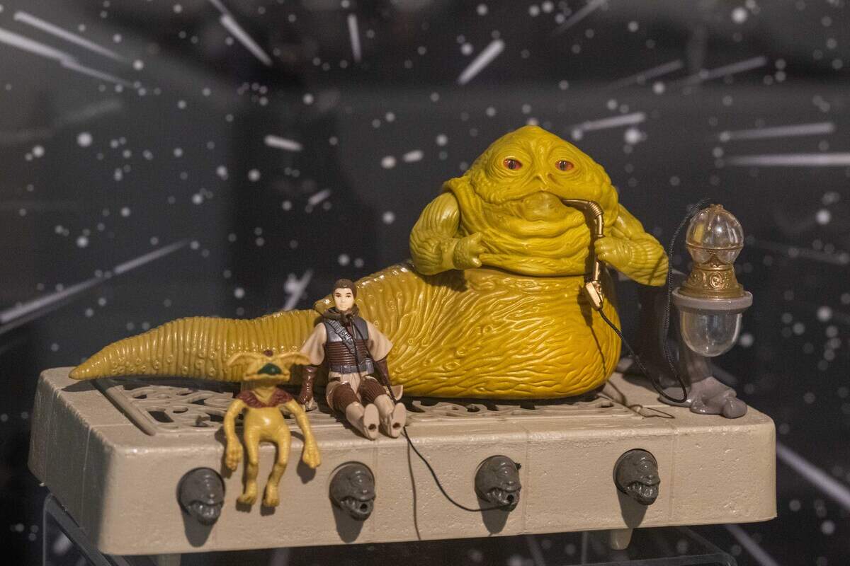 A recreated scene from Star Wars featuring Jabba the Hut and Princess Leia using Kenner Toys from the 1980s is on display at the National Museum of Toys and Miniatures.
