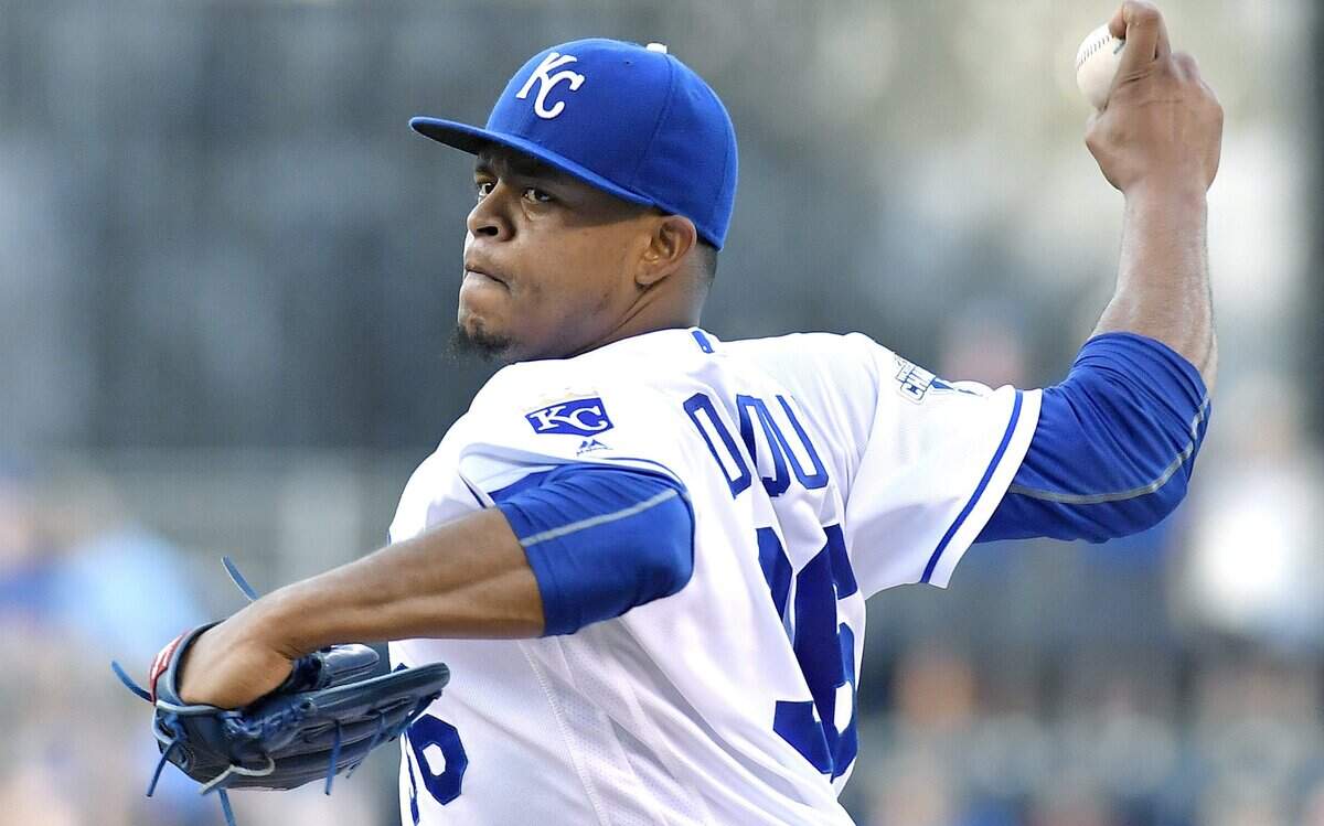 Kansas City Royals starting pitcher Edinson Volquez throws during Monday's baseball game against the Cleveland Indians on June 13, 2016 at Kauffman Stadium in Kansas City, Mo.