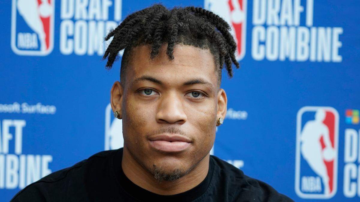 Keyontae Johnson talks to the media during the 2023 NBA Draft Combine at Wintrust Arena in Chicago on May 17, 2023.